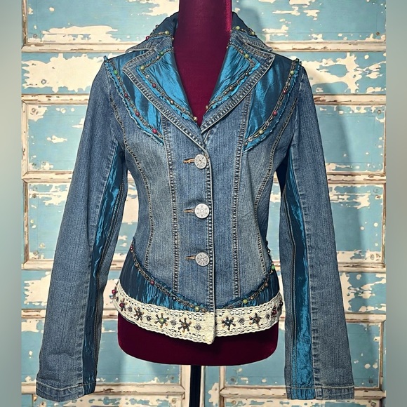 Cache Jackets & Blazers - Y2K Cache Embellished Denim Jacket Sz 6 Beaded Lace Glam Boho Fairy Gypsy Boho